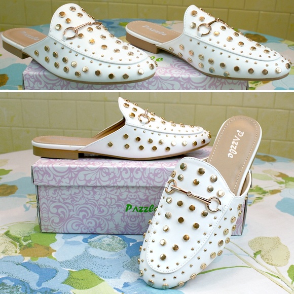Gold Studded White Loafer Mule NIB - Picture 8 of 8